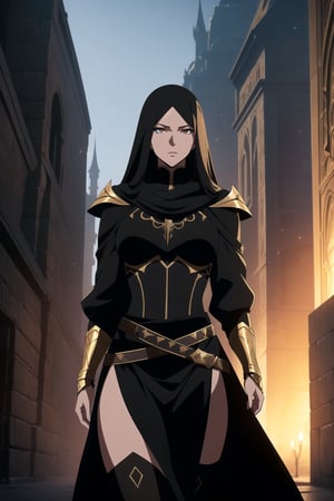 (A Gorgeous 25-Year-Old Middle-Eastern Female Assassin), (Long, Straight Black Hair), (Fair Skin), (Brownish Golden Eyes:1.4), (Wearing Black Veiled Assassin Outfit with Golden Lining:1.4), (Desert Arabian City at Night), (Walking in the Crowds Pose:1.2), Centered, (Waist-up Shot:1.4), (From Front Shot:1.2), Insane Details, Intricate Face Detail, Intricate Hand Details, Cinematic Shot and Lighting, Realistic and Vibrant Colors, Masterpiece, Sharp Focus, Ultra Detailed, Taken with DSLR Camera, Realistic Photography, Depth of Field, Incredibly Realistic Environment and Scene, Master Composition and Cinematography, castlevania style,castlevania style