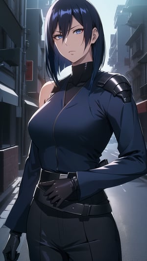 Anime-style Image of A Stern 25-Year-Old Japanese Female Secret Agent, (Shoulder-length Navy Blue Hair:1.4), (Fair Skin), (Dark Blue Eyes), (Wearing Black and Blue Sleek Tactical Outfit:1.4), (Modern City Road at Night:1.4), (Standing Pose:1.4), (Waist-Up Shot:1.4), (View From Front:1.2), Realistic Lighting, Intricate Face Detail, Intricate Hand Details, Vibrant Colors, Highly Detailed, High Definition, Trending on Artstation--style raw,castlevania style