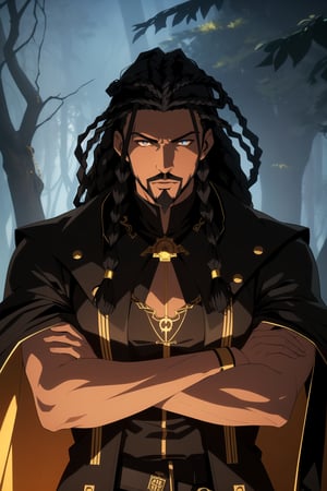 (Masterpiece, Best Quality),  (A Fierce 30-Year-Old African-American Male Shadow Mage), (Dreadlocked Black Hair with Thin Black Goatee:1.4), (Ebony Skin), (Sharp Amber Eyes:1.2), (Wearing Black and Gold Long Coat:1.4), (Dark Forest with Black Fog:1.4), (Crossed Arms Pose:1.4), Centered, (Half Body Shot:1.4), (From Front Shot:1.4), Insane Details, Intricate Face Detail, Intricate Hand Details, Cinematic Shot and Lighting, Realistic and Vibrant Colors, Sharp Focus, Ultra Detailed, Realistic Images, Depth of Field, Incredibly Realistic Environment and Scene, Master Composition and Cinematography,castlevania style