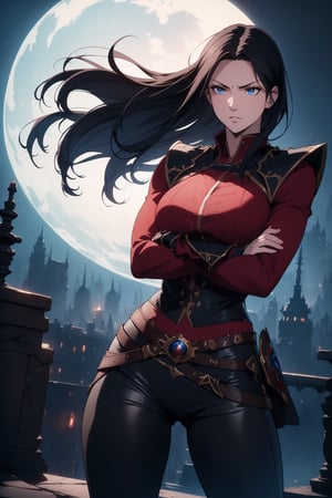 (Masterpiece, Best Quality), (A Resilient 25-Year-Old British Female Mercenary), (Shoulder-length Wolfcut Black Hair:1.4), (Observant Blue Eyes), (Fair Skin), (Wearing Loose-buttoned Crimson Red Shirt and Black Tight Pants:1.4), (Moonlit City Road at Night:1.2), (Crossed Arms Pose:1.4), Centered, (Waist-up Shot:1.4), (From Front Shot:1.2), Insane Details, Intricate Face Detail, Intricate Hand Details, Cinematic Shot and Lighting, Realistic and Vibrant Colors, Sharp Focus,  Incredibly Realistic Environment and Scene, Master Composition and Cinematography, castlevania style,castlevania style