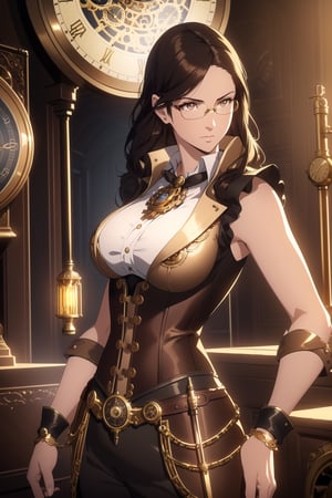 (Masterpiece, Best Quality), (A Gorgeous 25-Year-Old British Female Clock Mechanic), (Short Wavy Black Hair:1.2), (Golden Brown Eyes with Glasses), (Fair Skin), (Wearing Sleeveless Brown and Gold Steampunk-style Outfit with Glasses and Corsets, with Ornate Golden Gears and Clocks:1.4), (Steampunk Workshop:1.2), (Dynamic Pose:1.2), Centered, (Half Body Shot:1.4), (From Front Shot:1.4), Insane Details, Intricate Face Detail, Intricate Hand Details, Cinematic Shot and Lighting, Realistic and Vibrant Colors, Sharp Focus, Ultra Detailed, Realistic Images, Depth of Field, Incredibly Realistic Environment and Scene, Master Composition and Cinematography,castlevania style