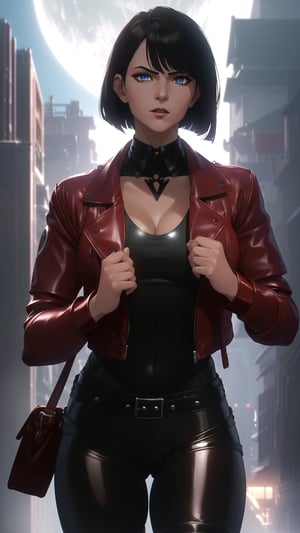 Anime-Style Image of A Gorgeous 25 Years Old British Female Vampire Mercenary, (Unkempt Bobcut Black Hair), (Pale Skin), (Blue Eyes), (Serious Face),  (Wearing Red Leather Jacket, Black V-Neck Inner Shirt, and Black Tight Pants:1.4), (Moonlit City Buildings at Night), (Wearing a Jacket while Walking Pose), (Waist Up Shot), (View From Front), Realistic Lighting, Intricate Face Detail, Intricate Hand Details, Vibrant Colors, Highly Detailed, High Definition, Trending on Artstation--style raw,arcane style