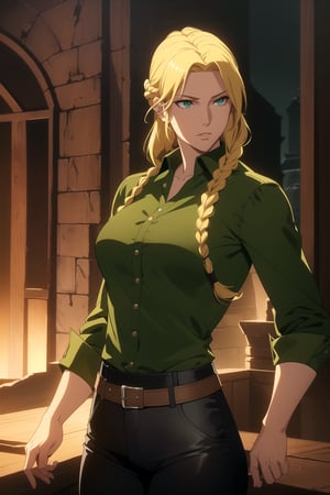 (Masterpiece, Best Quality), (A Resilient 25-Year-Old British Female Hunter), (Blonde Hair in a Singular Braid:1.4), (Observant Green Eyes), (Fair Skin), (Wearing Loose-buttoned Dark Green Shirt and Black Tight Pants:1.4), (Outback Wilderness at Night:1.2), (Standing Pose:1.4), Centered, (Half Body Shot:1.4), (From Front Shot:1.2), Insane Details, Intricate Face Detail, Intricate Hand Details, Cinematic Shot and Lighting, Realistic and Vibrant Colors, Sharp Focus, Ultra Detailed, Realistic Images, Depth of Field, Incredibly Realistic Environment and Scene, Master Composition and Cinematography, castlevania style,castlevania style