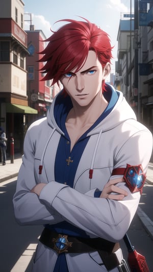 Anime-Style Image of A Handsome 25-Year-Old British Male Vampire Slayer, (Messy Short Red Hair:1.2), (Pale Skin), (Blue Eyes), (Wearing White and Blue Hooded Assassin Outfit:1.2), (Modern City Road at Noon), (Crossed Arms Pose:1.2), (Waist Up Shot), (View From Front), Realistic Lighting, Intricate Face Detail, Intricate Hand Details, Vibrant Colors, Highly Detailed, High Definition, Trending on Artstation--style raw,arcane style