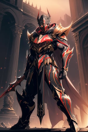 (Masterpiece, Best Quality), (Spartan Warrior in Warframe Style Armor), (Masculine Appearance:1.4), (Muscular Frame Build:1.2), (Glowing Golden Eyes), (Wearing Red and Black Spartan-Themed Armor and Black Flowing Cloak:1.4), (Colloseum Arena at Noon:1.2), (Action Pose:1.4), Centered, (Half Body Shot:1.4), (From Front Shot:1.2), Insane Details, Intricate Face Detail, Intricate Hand Details, Cinematic Shot and Lighting, Realistic and Vibrant Colors, Sharp Focus, Ultra Detailed, Realistic Images, Depth of Field, Incredibly Realistic Environment and Scene, Master Composition and Cinematography, castlevania style,castlevania style,WARFRAME