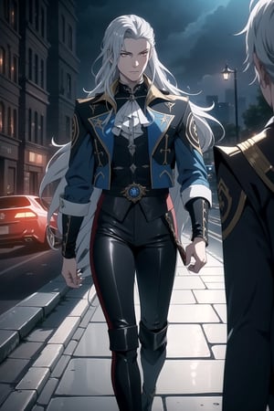 (One Person), (A Handsome 25-Years-old British Male Werewolf Swordsman), (Long Flowing Silver Hair:1.4), (Pale Skin:1.2), (Dark Red Eyes), (Wearing Blue Colored Leather Long Jacket and Black Long Pants:1.4), (City Road at Evening:1.6), (Walking Pose:1.4), Centered, (Waist-up Shot:1.4), From Front Shot, Insane Details, Intricate Face Detail, Intricate Hand Details, Cinematic Shot and Lighting, Realistic and Vibrant Colors, Masterpiece, Sharp Focus, Ultra Detailed, Taken with DSLR camera, Realistic Photography, Depth of Field, Incredibly Realistic Environment and Scene, Master Composition and Cinematography, neuvillette, castlevania style