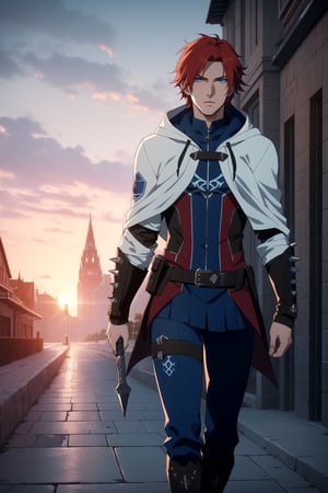 (Masterpiece, Best Quality), (A Handsome 25-Year-Old British Male Werewolf Hunter), (Spiky Short Red Hair:1.2), (Pale Skin), (Blue Eyes), (Wearing White and Blue Tactical Assassin Outfit with Hood:1.4), (Modern City Road at Noon:1.2), (Walking Pose:1.4), Centered, (Half Body Shot:1.4), (From Front Shot:1.4), Insane Details, Intricate Face Detail, Intricate Hand Details, Cinematic Shot and Lighting, Realistic and Vibrant Colors, Sharp Focus, Ultra Detailed, Realistic Images, Depth of Field, Incredibly Realistic Environment and Scene, Master Composition and Cinematography,castlevania style
