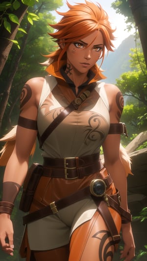 Anime-Style Image of An Energetic 25-Year-Old Female Werewolf Tracker, (Long Unkempt Dark Orange Hair), (Amber Wolfish Eyes), (Tanned Skin with Tribal Tattoos), (Wearing Brown Tracker's Leather Attire:1.2), (Hunting Grounds in the Wild:1.2), (Walking Pose:1.2), (Waist Up Shot), (View From Front), Realistic Lighting, Intricate Face Detail, Intricate Hand Details, Vibrant Colors, Highly Detailed, High Definition, Trending on Artstation--style raw,arcane style