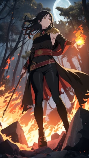 Anime-style Image of A Powerful 25-Year-Old Greek Female Fire Mage, (Messy Shoulder-length Black Hair:1.4), (Yellow Eyes), (Fair Skin), (Wearing Red and Black Ornated Robe and Black Tight Pants:1.4), (Fiery Forest at Night:1.4), (Raising her Arm, Casting a Fire Spell:1.4), (Waist-Up Shot:1.4), (View From Front:1.2), Realistic Lighting, Intricate Face Detail, Intricate Hand Details, Vibrant Colors, Highly Detailed, High Definition, Trending on Artstation--style raw,castlevania style