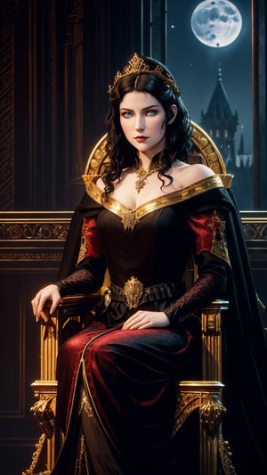 Photorealistic Image of A Stern 30-Year-Old British Female Vampire Heiress, (Wavy Short Black Hair adorned with Diadem:1.2), (Pale Skin), (Blue Eyes), (Wearing Black and Red Aristocratic Attire with Golden Accent:1.2), (Castle Hall with Moonlight Glow:1.2), (Sitting on Throne Pose:1.4), (Waist-Up Shot), (View From Front:1.2), Realistic Lighting, Intricate Face Detail, Intricate Hand Details, Vibrant Colors, Highly Detailed, High Definition, Trending on Artstation--style raw,castlevania style