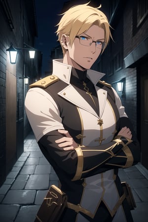 (Masterpiece, Best Quality),  (A Youthful 23-Year-Old European Male Demon Slayer), (Spiky Short Blonde Hair), (Piercing Blue Eyes with Glasses), (Fair Skin), (Clad in White Tactical Modern Demon Hunter Attire), (Urban Alley at Night:1.4), (Crossed Arms Pose:1.4), Centered, (Half Body Shot:1.4), (From Front Shot:1.4), Insane Details, Intricate Face Detail, Intricate Hand Details, Cinematic Shot and Lighting, Realistic and Vibrant Colors, Sharp Focus, Ultra Detailed, Realistic Images, Depth of Field, Incredibly Realistic Environment and Scene, Master Composition and Cinematography,castlevania style