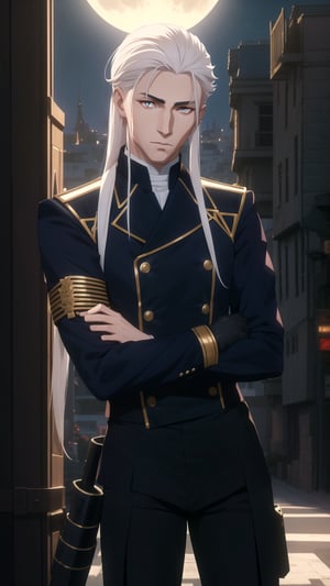 Anime-Style Image of A Handsome 25-Year-Old British Male Mercenary, (Long Flowing White Hair), (Pale Skin), (Crimson Eyes), (Wearing Navy Blue Tactical Attire and Black Long Pants:1.4), (Moonlit City Road at Night), (Crossed Arms Pose:1.2), (Waist Up Shot), (View From Front), Realistic Lighting, Intricate Face Detail, Intricate Hand Details, Vibrant Colors, Highly Detailed, High Definition, Trending on Artstation--style raw,arcane style