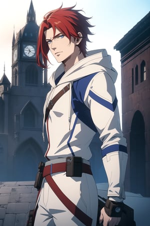 (Masterpiece, Best Quality), (A Handsome 25-Year-Old British Male Werewolf Hunter), (Spiky Short Red Hair:1.2), (Pale Skin), (Blue Eyes), (Wearing White and Blue Tactical Assassin Outfit with Hood:1.4), (Modern City Road at Noon:1.2), (Walking Pose:1.2), Centered, (Half Body Shot:1.4), (From Front Shot:1.4), Insane Details, Intricate Face Detail, Intricate Hand Details, Cinematic Shot and Lighting, Realistic and Vibrant Colors, Sharp Focus, Ultra Detailed, Realistic Images, Depth of Field, Incredibly Realistic Environment and Scene, Master Composition and Cinematography,castlevania style