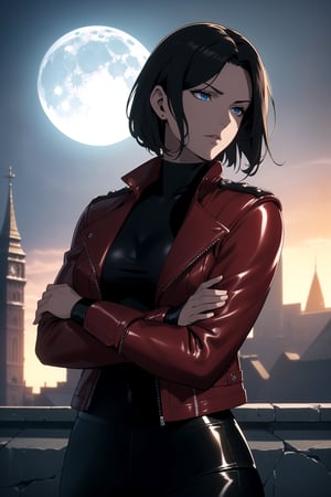 (Masterpiece, Best Quality),  (A Gorgeous 25-Year-Old British Female Mercenary), (Wavy Bobcut Black Hair), (Pale Skin), (Blue Eyes), (Wearing Red Leather Jacket, Black V-Neck Undershirt, and Black Tight Pants:1.4), (Moonlit City Road:1.2), (Crossed Arms Pose:1.4), Centered, (Half Body Shot:1.4), (From Front Shot:1.4), Insane Details, Intricate Face Detail, Intricate Hand Details, Cinematic Shot and Lighting, Realistic and Vibrant Colors, Sharp Focus, Ultra Detailed, Realistic Images, Depth of Field, Incredibly Realistic Environment and Scene, Master Composition and Cinematography,castlevania style