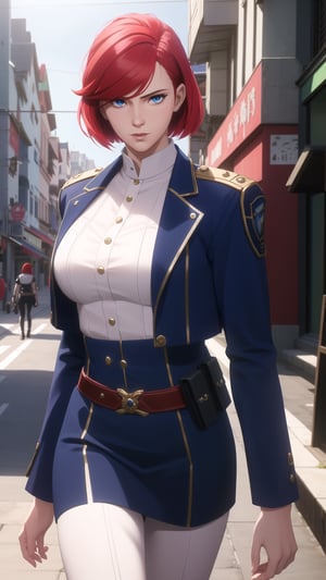 Anime-Style Image of A Gorgeous 20-Year-Old British Female Vampire Slayer, (Wavy Bobcut Red Hair), (Pale Skin), (Blue Eyes), (Wearing White and Blue Tactical Assassin Outfit), (Modern City Road at Noon), (Walking Pose), (Waist Up Shot), (View From Front), Realistic Lighting, Intricate Face Detail, Intricate Hand Details, Vibrant Colors, Highly Detailed, High Definition, Trending on Artstation--style raw,arcane style