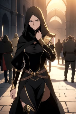 (A Gorgeous 25-Year-Old Middle-Eastern Female Assassin), (Long, Straight Black Hair), (Fair Skin), (Brownish Golden Eyes:1.4), (Wearing Black Veiled Assassin Outfit with Golden Lining:1.4), (Desert Arabian City at Night), (Walking in the Crowds Pose:1.4), Centered, (Waist-up Shot:1.4), (From Front Shot:1.2), Insane Details, Intricate Face Detail, Intricate Hand Details, Cinematic Shot and Lighting, Realistic and Vibrant Colors, Masterpiece, Sharp Focus, Ultra Detailed, Taken with DSLR Camera, Realistic Photography, Depth of Field, Incredibly Realistic Environment and Scene, Master Composition and Cinematography, castlevania style,castlevania style