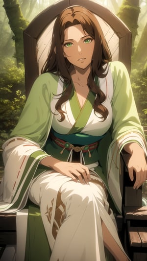 Anime-style Image of A Gorgeous 25 Years Old Female Forest Shaman, (Messy Long Brunette Hair:1.2), (Tanned Skin:1.2), (Green Eyes), (Wearing Green and Brown Forest Shaman Robe:1.4), (Pine Forest at Noon:1.2), (Sitting on Wooden Throne:1.4), (Waist-Up Shot), (View From Front:1.2), Realistic Lighting, Intricate Face Detail, Intricate Hand Details, Vibrant Colors, Highly Detailed, High Definition, Trending on Artstation--style raw,castlevania style