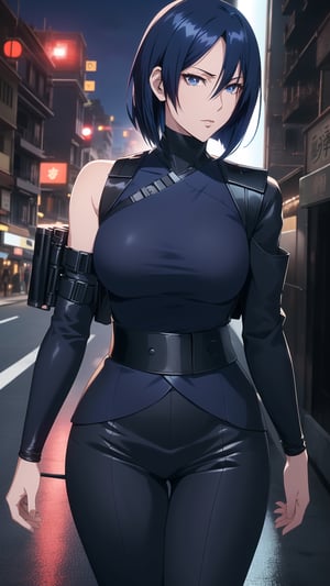 Anime-style Image of A Stern 25-Year-Old Japanese Female Secret Agent, (Shoulder-length Navy Blue Hair:1.4), (Fair Skin), (Dark Blue Eyes), (Wearing Black and Blue Sleek Tactical Outfit:1.4), (Modern City Road at Night:1.4), (Walking Pose:1.4), (Waist-Up Shot:1.4), (View From Front:1.2), Realistic Lighting, Intricate Face Detail, Intricate Hand Details, Vibrant Colors, Highly Detailed, High Definition, Trending on Artstation--style raw,castlevania style