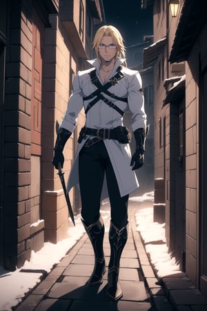 (Masterpiece, Best Quality), (A Youthful 23-Year-Old European Male Demon Slayer), (Messy Blonde Hair), (Piercing Blue Eyes with Glasses), (Fair Skin), (Clad in White Tactical Modern Demon Hunter Gear), (Urban Alley at Night:1.4), (Dynamic Pose:1.4), Centered, (Half Body Shot:1.4), (From Front Shot:1.4), Insane Details, Intricate Face Detail, Intricate Hand Details, Cinematic Shot and Lighting, Realistic and Vibrant Colors, Sharp Focus, Ultra Detailed, Realistic Images, Depth of Field, Incredibly Realistic Environment and Scene, Master Composition and Cinematography,castlevania style