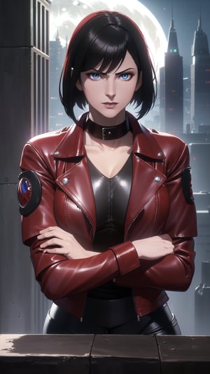 Anime-Style Image of A Gorgeous 25 Years Old British Female Vampire Mercenary, (Unkempt Bobcut Black Hair), (Pale Skin), (Blue Eyes), (Serious Face), (Wearing Red Leather Jacket, Black V-Neck Inner Shirt, and Black Tight Pants:1.4), (Moonlit City Buildings at Night:1.4), (Crossed Arms Pose), (Waist Up Shot), (View From Front), Realistic Lighting, Intricate Face Detail, Intricate Hand Details, Vibrant Colors, Highly Detailed, High Definition, Trending on Artstation--style raw,arcane style