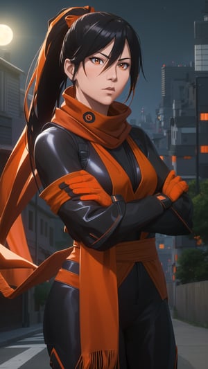 Anime-Style Image of A Stealthy 29-Year-Old Japanese Female Infiltrator, (High Ponytail Black Hair), (Crimson Eyes), (Fair Skin with Agile Build), (Wearing Black and Orange Infiltration Suit with Orange Scarf:1.4), (Moonlit City Road at Night:1.2), (Crossed Arms Pose:1.2), (Waist Up Shot), (View From Front), Realistic Lighting, Intricate Face Detail, Intricate Hand Details, Vibrant Colors, Highly Detailed, High Definition, Trending on Artstation--style raw,arcane style