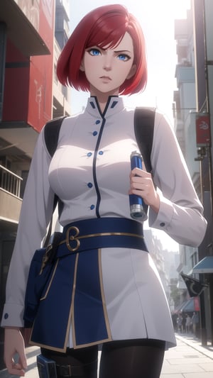 Anime-Style Image of A Gorgeous 20-Year-Old British Female Vampire Slayer, (Wavy Bobcut Red Hair), (Serious Face), (Pale Skin), (Blue Eyes), (Wearing White and Blue Tactical Assassin Outfit), (Modern City Road at Noon), (Walking Pose), (Waist Up Shot), (View From Front), Realistic Lighting, Intricate Face Detail, Intricate Hand Details, Vibrant Colors, Highly Detailed, High Definition, Trending on Artstation--style raw,arcane style