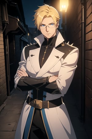 (Masterpiece, Best Quality),  (A Youthful 23-Year-Old European Male Demon Slayer), (Spiky Short Blonde Hair), (Piercing Blue Eyes with Glasses), (Fair Skin), (Clad in White Tactical Modern Demon Hunter Attire), (Urban Alley at Night:1.4), (Crossed Arms Pose:1.4), Centered, (Half Body Shot:1.4), (From Front Shot:1.4), Insane Details, Intricate Face Detail, Intricate Hand Details, Cinematic Shot and Lighting, Realistic and Vibrant Colors, Sharp Focus, Ultra Detailed, Realistic Images, Depth of Field, Incredibly Realistic Environment and Scene, Master Composition and Cinematography,castlevania style
