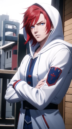 Anime-Style Image of A Handsome 25-Year-Old British Male Vampire Slayer, (Messy Short Red Hair), (Pale Skin), (Blue Eyes), (Wearing White and Blue Hooded Assassin Outfit:1.4), (Modern City Road at Noon), (Crossed Arms Pose:1.2), (Waist Up Shot), (View From Front), Realistic Lighting, Intricate Face Detail, Intricate Hand Details, Vibrant Colors, Highly Detailed, High Definition, Trending on Artstation--style raw,arcane style