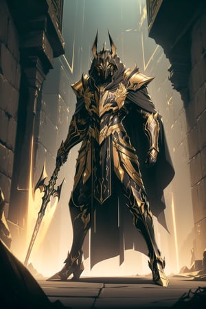 (Masterpiece, Best Quality), (Anubis Warrior in Warframe Style Armor), (Masculine Appearance:1.4), (Muscular Frame Build:1.2), (Glowing Golden Eyes), (Wearing Black and Gold Anubis-Themed Armor and Black Flowing Cloak:1.4), (Wielding a Golden Spear:1.4), (Desert Hidden Catacombs:1.2), (Action Pose:1.4), Centered, (Full Body Shot:1.2), (From Front Shot:1.2), Insane Details, Intricate Face Detail, Intricate Hand Details, Cinematic Shot and Lighting, Realistic and Vibrant Colors, Sharp Focus, Ultra Detailed, Realistic Images, Depth of Field, Incredibly Realistic Environment and Scene, Master Composition and Cinematography, castlevania style,castlevania style,WARFRAME