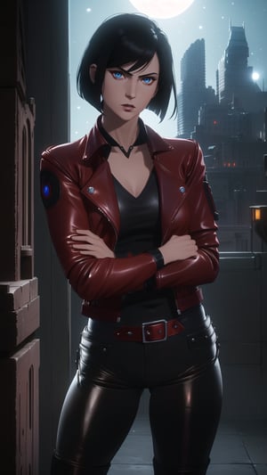 Anime-Style Image of A Gorgeous 25 Years Old British Female Vampire Mercenary, (Unkempt Bobcut Black Hair), (Pale Skin), (Blue Eyes), (Serious Face), (Wearing Red Leather Jacket, Black V-Neck Inner Shirt, and Black Tight Pants:1.4), (Moonlit City Buildings at Night:1.4), (Crossed Arms Pose), (Waist Up Shot), (View From Front), Realistic Lighting, Intricate Face Detail, Intricate Hand Details, Vibrant Colors, Highly Detailed, High Definition, Trending on Artstation--style raw,arcane style