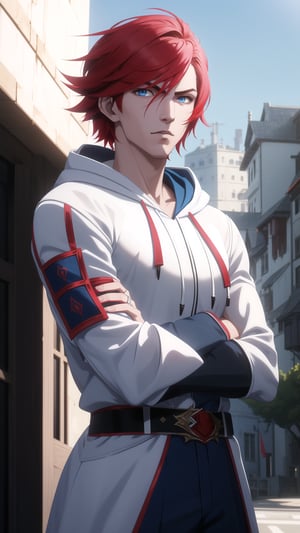 Anime-Style Image of A Handsome 25-Year-Old British Male Vampire Slayer, (Messy Short Red Hair), (Pale Skin), (Blue Eyes), (Wearing White and Blue Hooded Assassin Outfit:1.4), (Modern City Road at Noon), (Crossed Arms Pose:1.2), (Waist Up Shot), (View From Front), Realistic Lighting, Intricate Face Detail, Intricate Hand Details, Vibrant Colors, Highly Detailed, High Definition, Trending on Artstation--style raw,arcane style