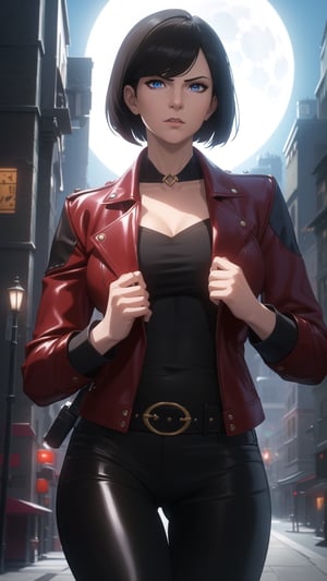 Anime-Style Image of A Gorgeous 25 Years Old British Female Vampire Mercenary, (Unkempt Bobcut Black Hair), (Pale Skin), (Blue Eyes), (Serious Face), (Wearing Red Leather Jacket, Black V-Neck Inner Shirt, and Black Tight Pants), (Moonlit City Buildings at Night), (Wearing a Jacket while Walking Pose), (Waist Up Shot), (View From Front), Realistic Lighting, Intricate Face Detail, Intricate Hand Details, Vibrant Colors, Highly Detailed, High Definition, Trending on Artstation--style raw,arcane style