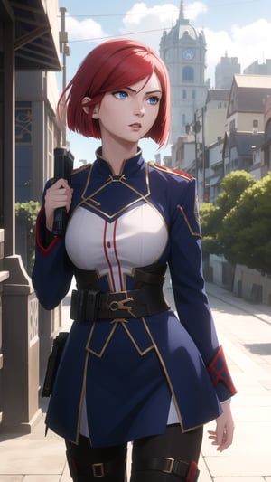 Anime-Style Image of A Gorgeous 20-Year-Old British Female Vampire Slayer, (Wavy Bobcut Red Hair), (Pale Skin), (Blue Eyes), (Wearing White and Blue Tactical Assassin Outfit), (Modern City Road at Noon), (Walking Pose), (Waist Up Shot), (View From Front), Realistic Lighting, Intricate Face Detail, Intricate Hand Details, Vibrant Colors, Highly Detailed, High Definition, Trending on Artstation--style raw,arcane style