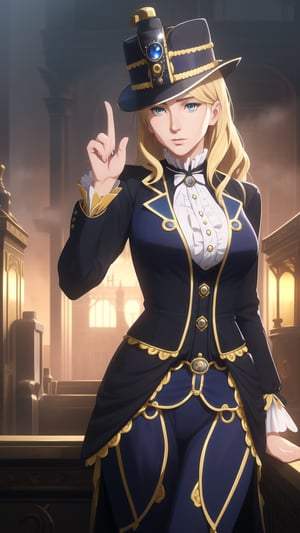 Anime-Style Image of An Elegant 28-Year-Old British Female Detective, (Long Wavy Blonde Hair), (Sapphire Blue Eyes), (Fair Skin), (Dressed in Black and Yellow Victorian Detective Garb with Hat:1.4), (Foggy London Streets:1.2), (Raising her Hand Pose:1.2), (Waist Up Shot), (View From Front), Realistic Lighting, Intricate Face Detail, Intricate Hand Details, Vibrant Colors, Highly Detailed, High Definition, Trending on Artstation--style raw,arcane style