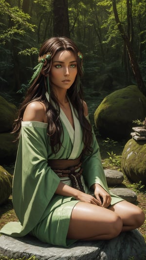 Photorealistic Image of A Gorgeous 25 Years Old Female Forest Shaman, (Messy Long Brunette Hair:1.2), (Tanned Skin:1.2), (Green Eyes), (Wearing Green and Brown Forest Shaman Robe:1.4), (Pine Forest at Noon:1.2), (Sitting on Stone Pose:1.4), (Waist-Up Shot), (View From Front:1.2), Realistic Lighting, Intricate Face Detail, Intricate Hand Details, Vibrant Colors, Highly Detailed, High Definition, Trending on Artstation--style raw,castlevania style