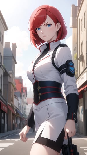 Anime-Style Image of A Gorgeous 20-Year-Old British Female Vampire Slayer, (Wavy Bobcut Red Hair), (Pale Skin), (Blue Eyes), (Wearing White and Blue Tactical Assassin Outfit), (Modern City Road at Noon), (Walking Pose), (Waist Up Shot), (View From Front), Realistic Lighting, Intricate Face Detail, Intricate Hand Details, Vibrant Colors, Highly Detailed, High Definition, Trending on Artstation--style raw,arcane style