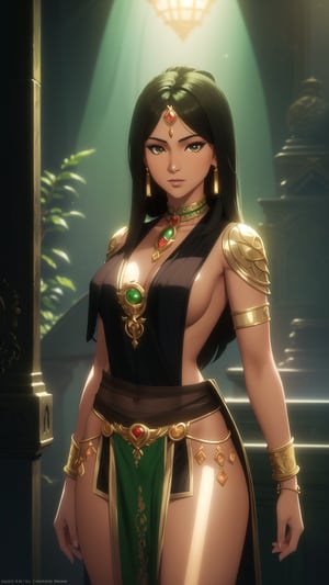 Anime-Style Image of A Gorgeous 25-Year-Old Southeast Asian Female Princess, (Messy Wolfcut Black Hair), (Dark Brown Eyes), (Exotic Fair Skin), (Wearing Green Revealing Maiden Attire with Green Loincloth and Golden Jeweleries:1.2), (Dimly Lit Dungeon Room), (Sexy Pose:1.2), (Waist Up Shot), (View From Front), Realistic Lighting, Intricate Face Detail, Intricate Hand Details, Vibrant Colors, Highly Detailed, High Definition, Trending on Artstation--style raw,arcane style