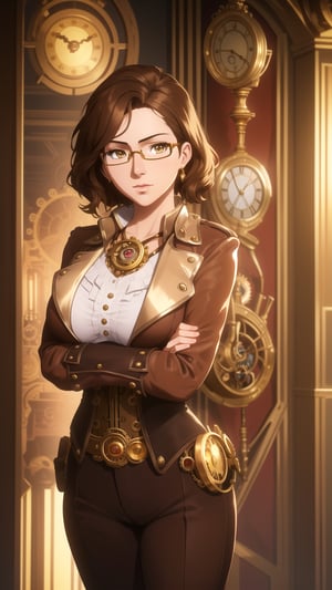 Anime-Style Image of A Gorgeous 25-Year-Old British Female Clock Mechanic, (Short Wavy Brunette Hair), (Golden Brown Eyes), (Fair Skin), (Wearing Brown and Gold Steampunk-style Outfit with Glasses and Corsets, with Ornate Golden Gears and Clocks), (Steampunk Workshop Interior), (Crossed Arms Pose:1.2), (Waist Up Shot), (View From Front), Realistic Lighting, Intricate Face Detail, Intricate Hand Details, Vibrant Colors, Highly Detailed, High Definition, Trending on Artstation--style raw,arcane style