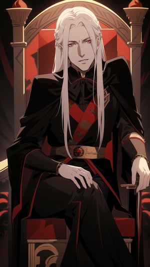 Anime-style Image of A Fierce 30-Year-Old Male Vampire Lord, (Messy Long White Hair), (Pale Skin), (Small Grin), (Dark Red Eyes), (Wearing Full Black Royal Attire:1.4), (Red Castle Hall at Night:1.2), (Sitting on Throne:1.4), (Waist-Up Shot), (View From Front:1.2), Realistic Lighting, Intricate Face Detail, Intricate Hand Details, Vibrant Colors, Highly Detailed, High Definition, Trending on Artstation--style raw,castlevania style