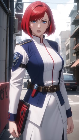 Anime-Style Image of A Gorgeous 20-Year-Old British Female Vampire Slayer, (Wavy Bobcut Red Hair), (Pale Skin), (Blue Eyes), (Wearing White and Blue Tactical Assassin Outfit), (Modern City Road at Noon), (Standing Pose), (Waist Up Shot), (View From Front), Realistic Lighting, Intricate Face Detail, Intricate Hand Details, Vibrant Colors, Highly Detailed, High Definition, Trending on Artstation--style raw,arcane style