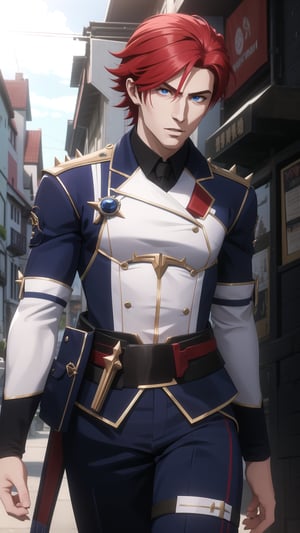 Anime-Style Image of A Handsome 25-Year-Old British Male Vampire Slayer, (Spiky Short Red Hair), (Pale Skin), (Blue Eyes), (Wearing White and Blue Tactical Assassin Outfit), (Modern City Road at Noon), (Walking Pose), (Waist Up Shot), (View From Front), Realistic Lighting, Intricate Face Detail, Intricate Hand Details, Vibrant Colors, Highly Detailed, High Definition, Trending on Artstation--style raw,arcane style