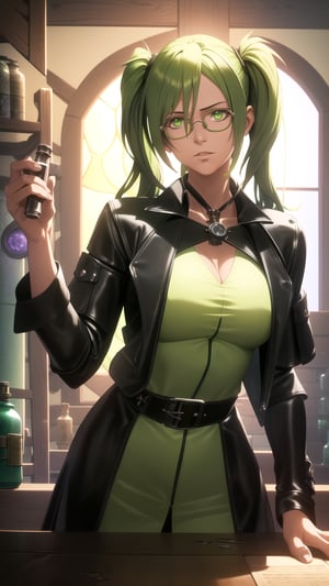 Anime-Style Image of A Passionate 25-Year-Old Female Alchemist, (High Twintail Lime Green Hair:1.4), (Dark Green Eyes), (Fair Skin), (Wearing Medieval Alchemist's Black Leather Coat with Glasses:1.4), (Alchemy Lab Room, Full of Chemicals:1.2), (Holding a Reaction Tube Pose), (Waist Up Shot), (View From Front), Realistic Lighting, Intricate Face Detail, Intricate Hand Details, Vibrant Colors, Highly Detailed, High Definition, Trending on Artstation--style raw,arcane style