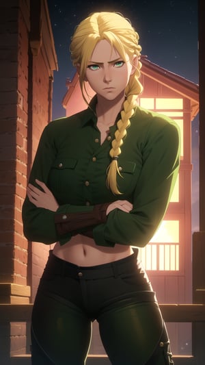 Anime-Style Image of A Resilient 25-Year-Old British Female Hunter, (Blonde Hair in a Single Braid:1.4), (Dark Green Eyes), (Serious Face), (Fair Skin), (Wearing Loose-buttoned Dark Green Shirt and Black Tight Pants:1.4), (Outback Wilderness at Night:1.2), (Crossed Arms Pose:1.2), (Waist Up Shot), (View From Front), Realistic Lighting, Intricate Face Detail, Intricate Hand Details, Vibrant Colors, Highly Detailed, High Definition, Trending on Artstation--style raw,arcane style