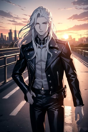 (One Person),  (Ultra Realistic Image of a Handsome 25 Years Old British Male Vampire),  (Long Flowing Silver Hair:1.2),  (Pale Skin:1.6),  (Dark Red Eyes),  (Wearing Blue Leather Long Jacket and Black Long Pants:1.4),  (Dynamic Pose:1.4),  (City Road at Evening with Sunset:1.6),  Centered,  (Waist-up Shot:1.4),  From Front Shot,  Insane Details,  Intricate Face Detail,  Intricate Hand Details,  Cinematic Shot and Lighting,  Realistic and Vibrant Colors,  Masterpiece,  Sharp Focus,  Ultra Detailed,  Taken with DSLR camera,  Realistic Photography,  Depth of Field,  Incredibly Realistic Environment and Scene,  Master Composition and Cinematography, neuvillette