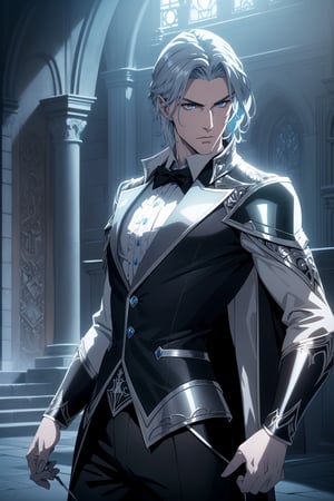 (Masterpiece, Best Quality), (A Muscular 30-Year-Old Slavic Male Vampire Warrior), (Tousled Icy Blue Hair:1.2), (Pale Skin), (Sharp Blue Eyes), (Wearing Black Formal Attire with Silver Accent:1.4), (Castle Hall at Night:1.4), (Dynamic Pose:1.2), Centered, (Half Body Shot:1.4), (From Front Shot:1.4), Insane Details, Intricate Face Detail, Intricate Hand Details, Cinematic Shot and Lighting, Realistic and Vibrant Colors, Sharp Focus, Ultra Detailed, Realistic Images, Depth of Field, Incredibly Realistic Environment and Scene, Master Composition and Cinematography,castlevania style