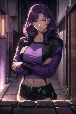 (Masterpiece, Best Quality), (A Rebel 25-Year-Old Japanese Female Resistance Leader), (Short Wavy Violet Hair:1.4), (Dark Purple Eyes), (Fair Skin:1.2), (Wearing Violet Resistance Member Jacket and Black Crop Top:1.4), (Dystopian Rural City Alleyway at Night:1.4), (Crossed Arms Pose:1.4), Centered, (Half Body Shot:1.4), (From Front Shot:1.4), Insane Details, Intricate Face Detail, Intricate Hand Details, Cinematic Shot and Lighting, Realistic and Vibrant Colors, Sharp Focus, Ultra Detailed, Realistic Images, Depth of Field, Incredibly Realistic Environment and Scene, Master Composition and Cinematography,castlevania style