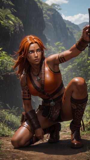 Photorealistic Image of An Energetic 25-Year-Old Female Tracker, (Unkempt Dark Orange Hair), (Bright Orange Eyes:1.2), (Tanned Skin with Tribal Tattoos), (Wearing Brown Tracker's Leather Attire:1.2), (Hunting Grounds in the Wild:1.2), (Crouching Pose:1.4), (Full Body Shot), (View From Front:1.2), Realistic Lighting, Intricate Face Detail, Intricate Hand Details, Vibrant Colors, Highly Detailed, High Definition, Trending on Artstation--style raw,castlevania style