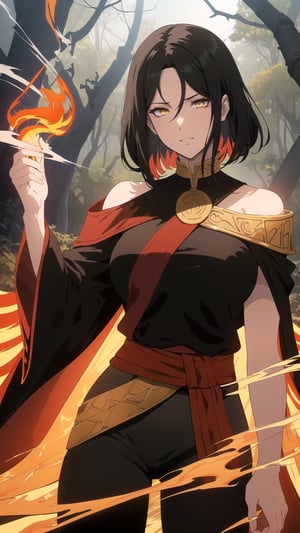 Anime-style Image of A Powerful 25-Year-Old Greek Female Fire Mage, (Messy Shoulder-length Black Hair:1.4), (Yellow Eyes), (Fair Skin), (Wearing Red and Black Ornated Robe and Black Tight Pants:1.4), (Fiery Forest full of Smoke:1.4), (Casting a Fire on Her Hand:1.2), (Waist-Up Shot:1.2), (View From Front:1.2), Realistic Lighting, Intricate Face Detail, Intricate Hand Details, Vibrant Colors, Highly Detailed, High Definition, Trending on Artstation--style raw,castlevania style