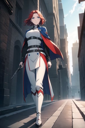 (Masterpiece, Best Quality),  (A Gorgeous 20-Year-Old British Female Vampire Slayer), (Wavy Bobcut Red Hair:1.2), (Pale Skin), (Blue Eyes), (Wearing White and Blue Tactical Assassin Outfit:1.2), (Modern City Road at Noon:1.4), (Walking Pose:1.2), Centered, (Half Body Shot:1.4), (From Front Shot:1.4), Insane Details, Intricate Face Detail, Intricate Hand Details, Cinematic Shot and Lighting, Realistic and Vibrant Colors, Sharp Focus, Ultra Detailed, Realistic Images, Depth of Field, Incredibly Realistic Environment and Scene, Master Composition and Cinematography,castlevania style