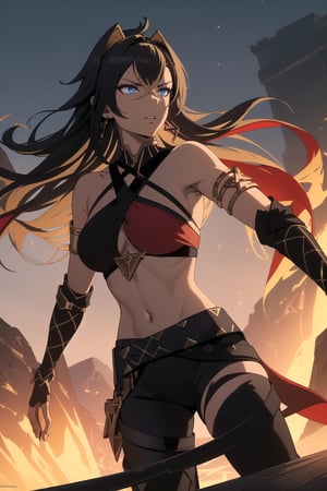 (Masterpiece, Best Quality), (Dehya from Genshin Impact), (Messy Long Black Hair:1.4), (Blue Eyes:1.2), (Serious Looking:1.4), (Wearing Red and Black Criss-Cross Halter, Golden Armlet, and Belted Black Pants:1.6), (Desert at Night:1.4), (Dynamic Pose:1.4), Centered, (Half Body Shot:1.4), (From Front Shot:1.4), Insane Details, Intricate Face Detail, Intricate Hand Details, Cinematic Shot and Lighting, Realistic and Vibrant Colors, Sharp Focus, Ultra Detailed, Realistic Images, Depth of Field, Incredibly Realistic Environment and Scene, Master Composition and Cinematography, castlevania style,castlevania style,dehya,armlet